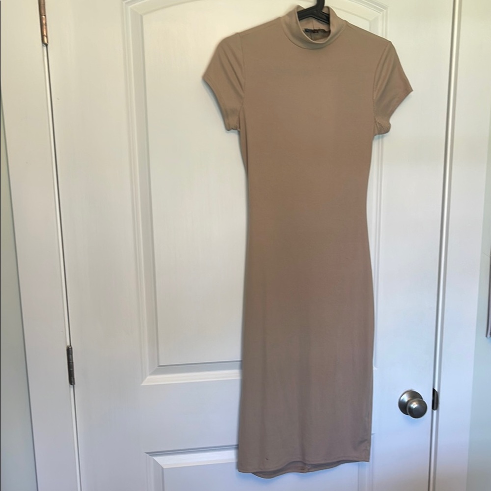 Gray Brown Midi Dress with Cap Sleeves and Mandarin Collar and Open Back